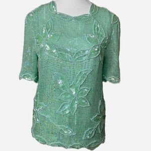 Scala Vintage Fully Sequined Mint Green Short Sleeve Top with Pearl‎ Accents